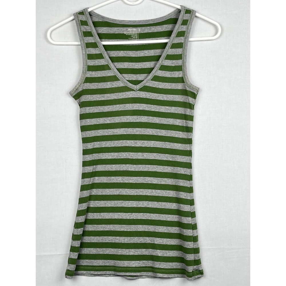 Old Navy Womens Ribbed V-Neck Tank Top Green Gray Striped Size S Cotton Layering